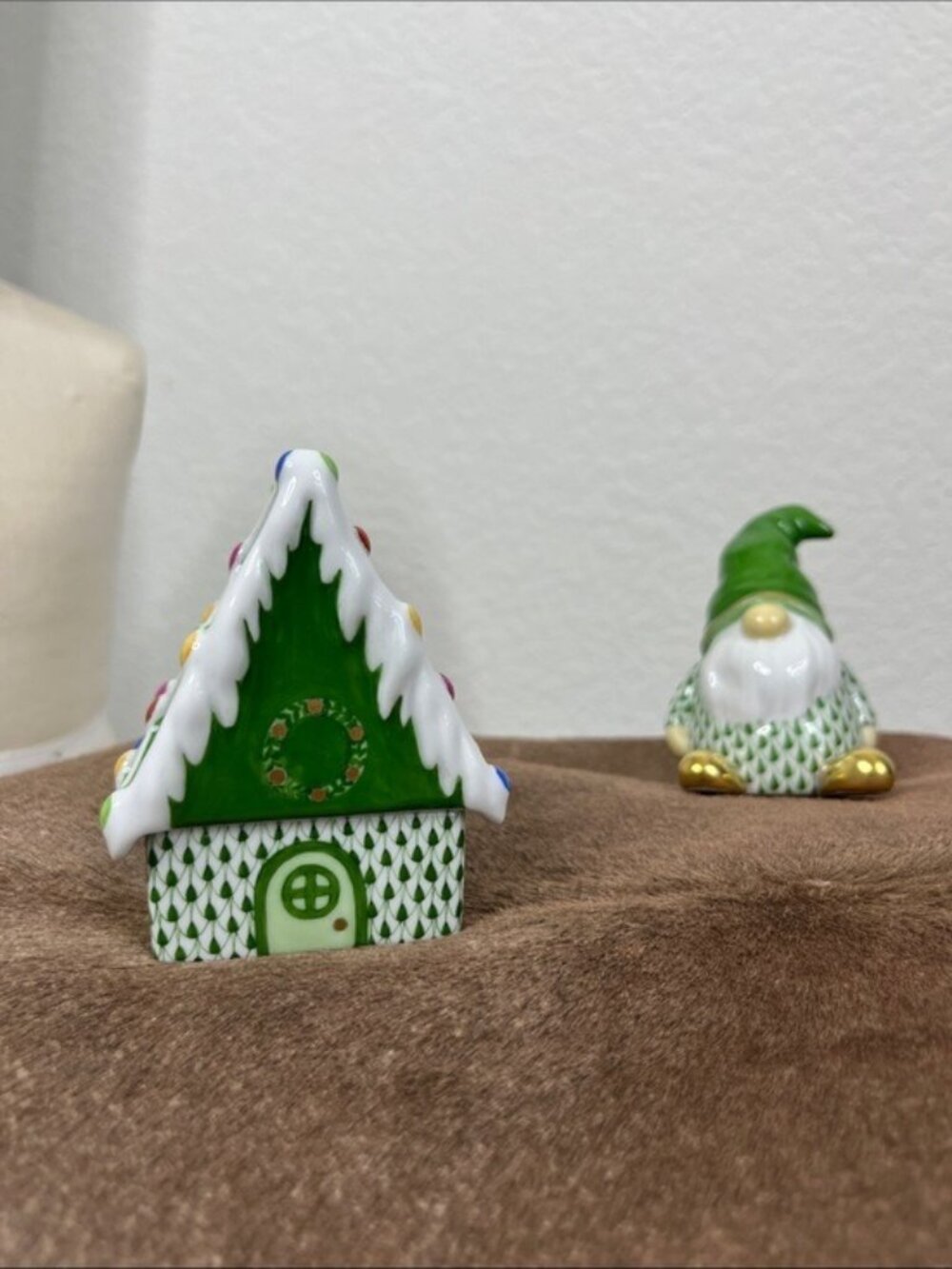 Herend Gingerbread House Icing Handpainted Hungary Trinket Box Dish 2 PC